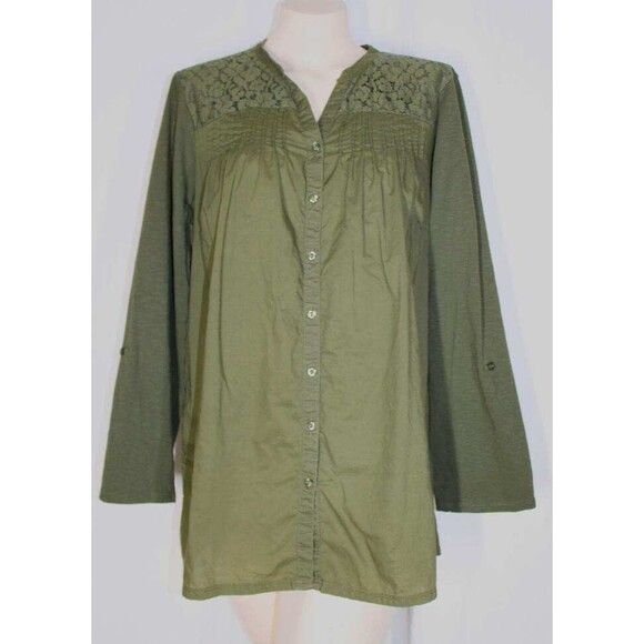 Coldwater Creek 16 XL Olive Green Button Front Lace Front Yoke Gathered Top - Picture 1 of 5